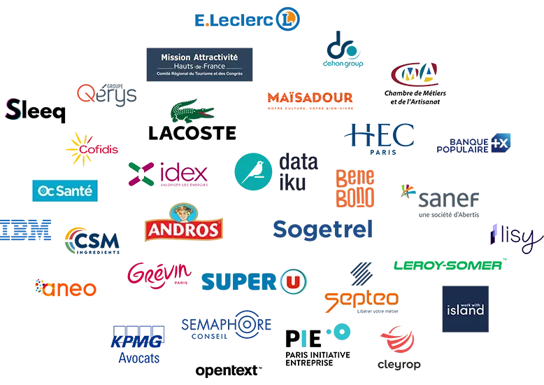Logos d'entreprises clientes de Humoon : E.Leclerc, Lacoste, HEC, Idex, Dataiku, Sanef, Sogetrel, IBM, Andros, Super U, Septeo, KPMG et d'autres